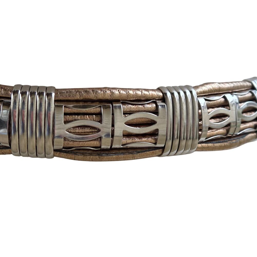 Vintage 80s Gold Copper Silver Belt M/L Etched Buckle Guard Tip Office Siren - Picture 10 of 11